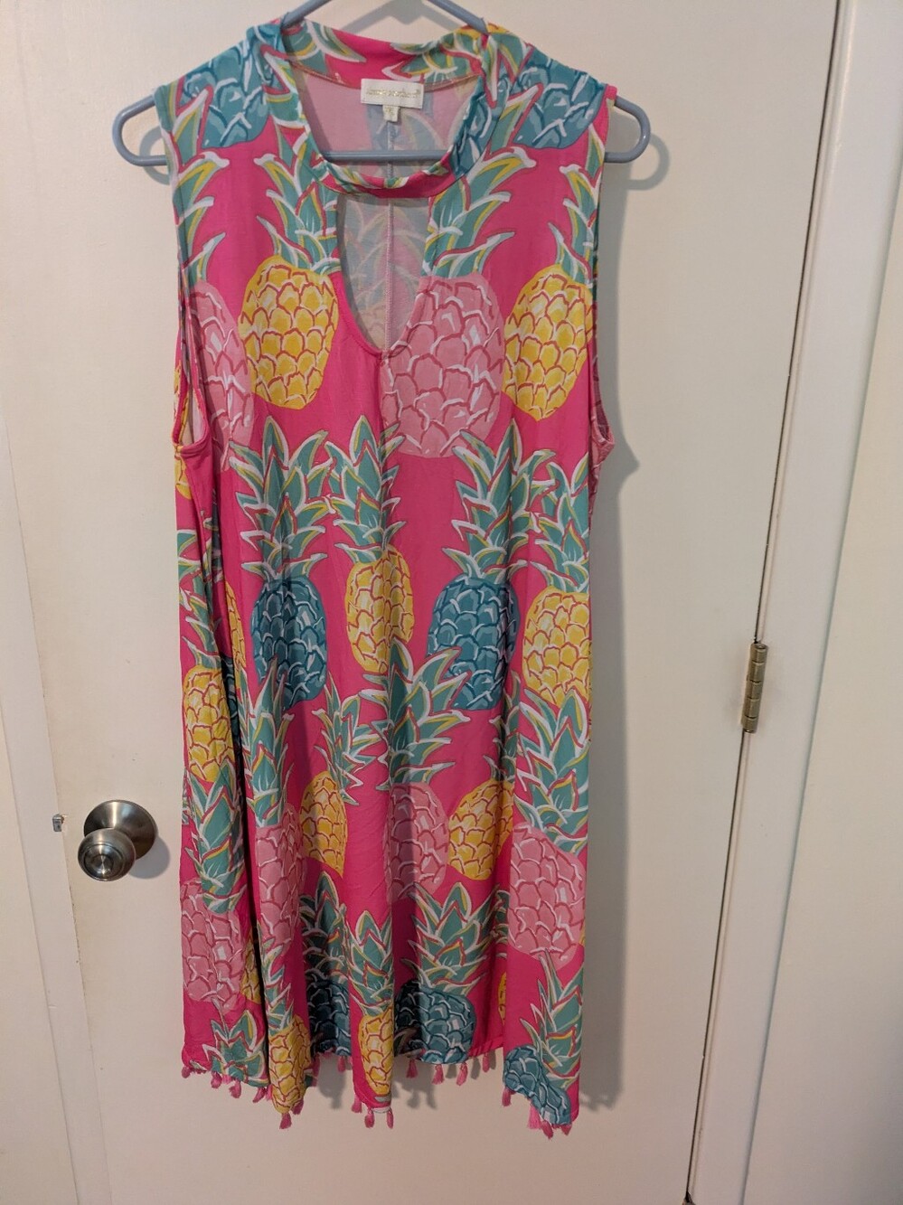 Simply Southern Pineapple Tassel Hem Sleeveless Swing Dress XXL Pink Tropical